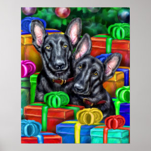 German Shepherd Open Gifts Blk Christmas Poster