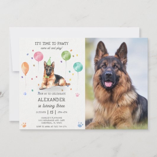 German Shepherd Pawty Puppy Birthday Pink Foto Einladung (Vorderseite)