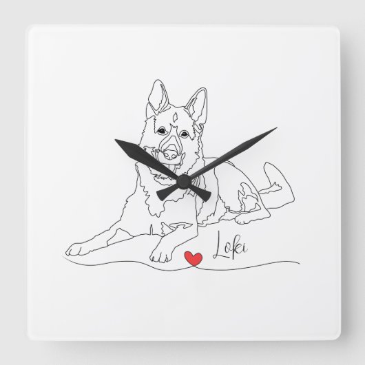 German Shepherd Pet Line Art with Name Quadratische Wanduhr (Vorderseite)