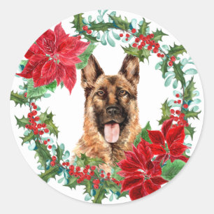 German Shepherd Poinsettia Holly Weihnachtskranz Runder Aufkleber