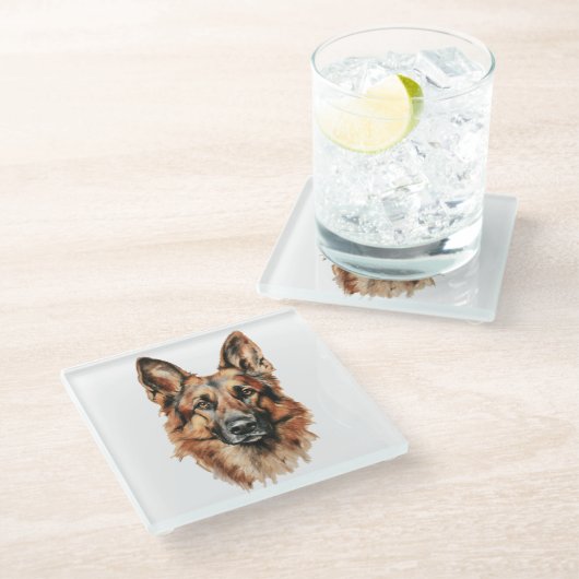 German Shepherd Portrait Glass Coaster | Dog Lover Glasuntersetzer (Schrägansicht)
