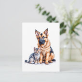 German Shepherd Puppy And Maincoon Kitten Postkarte (Stehend Vorderseite)