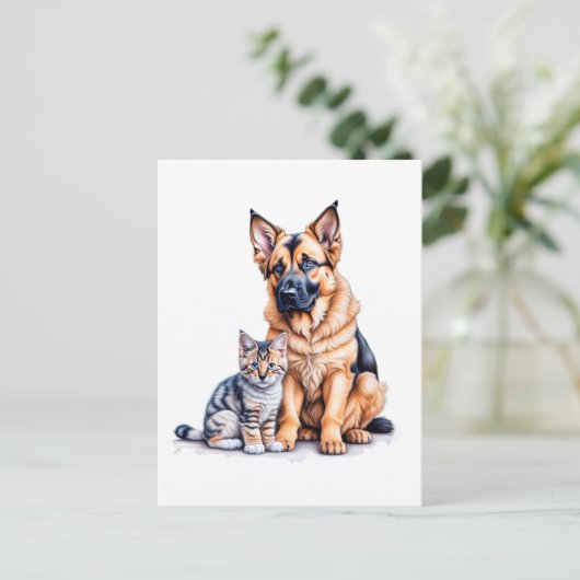 German Shepherd Puppy And Maincoon Kitten Postkarte (Stehend Vorderseite)