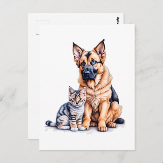 German Shepherd Puppy And Maincoon Kitten Postkarte (Vorne/Hinten)