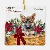 German Shepherd Puppy Poinsettia Weihnachtskorb Keramikornament (Vorderseite)