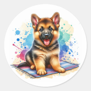 German Shepherd Puppy Watercolor Ai Art Runder Aufkleber