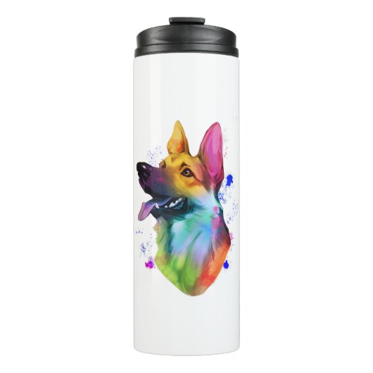 German Shepherd Rainbow Watercolor Paint Spritzer Thermosbecher (Vorderseite)