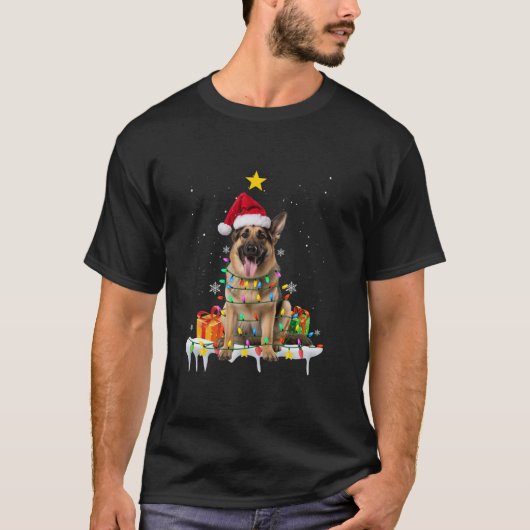 German Shepherd Santa Christmas Tree Lights Xmas B T-Shirt (Vorderseite)