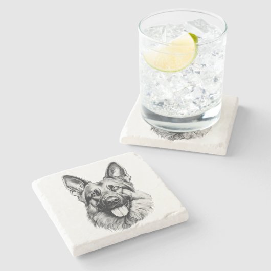 German Shepherd Sketch Stone Coaster | B&W Steinuntersetzer (Seitenansicht)