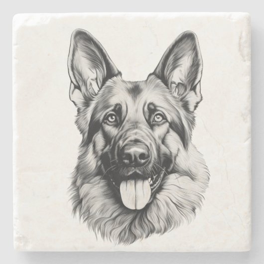 German Shepherd Sketch Stone Coaster | B&W Steinuntersetzer (Vorderseite)
