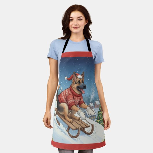 German Shepherd Sledding, Christmas Apron Schürze (Getragen)