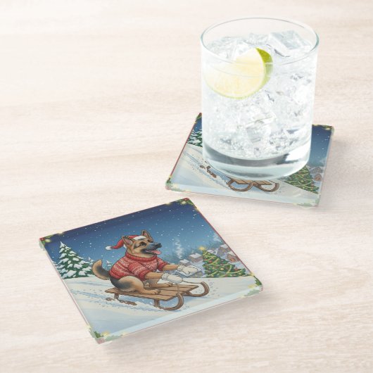 German Shepherd Sledding, Christmas Coaster Glasuntersetzer (Schrägansicht)
