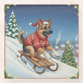 German Shepherd Sledding, Christmas Coaster Glasuntersetzer