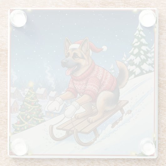 German Shepherd Sledding, Christmas Coaster Glasuntersetzer (Rückseite)