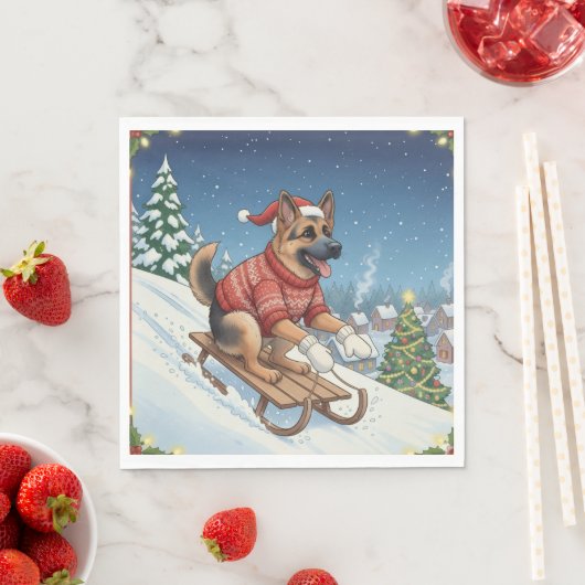 German Shepherd Sledding, Christmas Napkins Serviette (Beispiel)