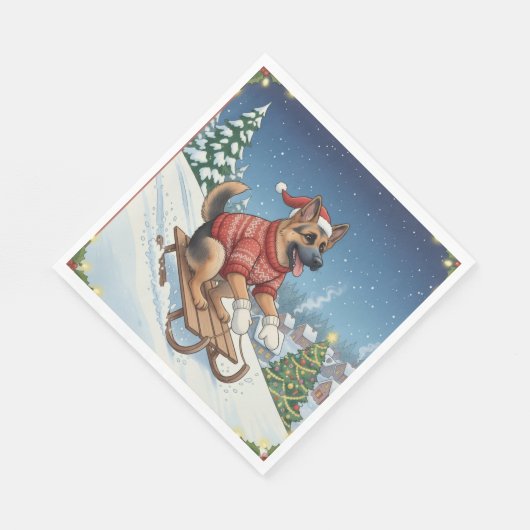 German Shepherd Sledding, Christmas Napkins Serviette (Ecke)