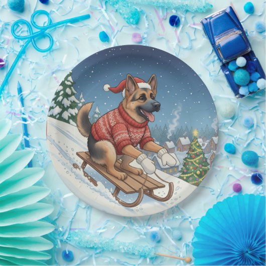 German Shepherd Sledding, Christmas Plates Pappteller (Party)