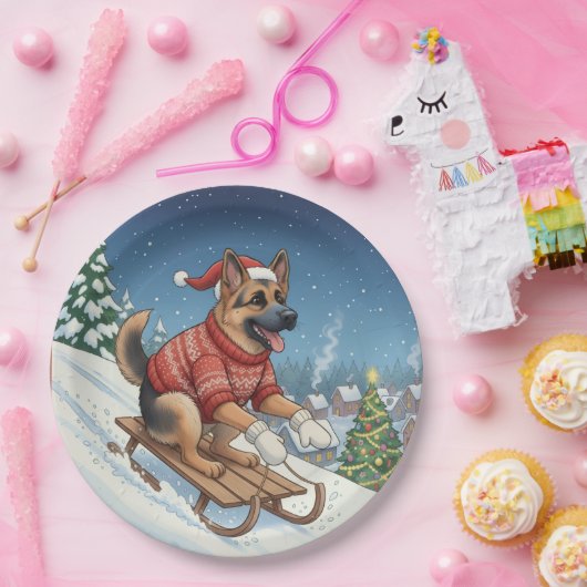 German Shepherd Sledding, Christmas Plates Pappteller (Party)