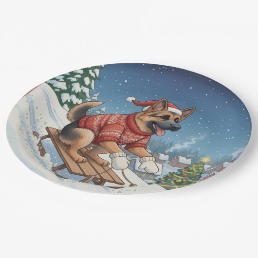 German Shepherd Sledding, Christmas Plates Pappteller (Schrägansicht)