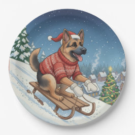 German Shepherd Sledding, Christmas Plates Pappteller