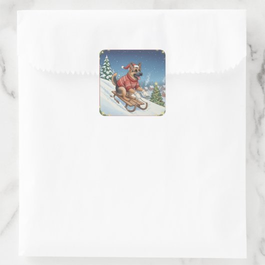 German Shepherd Sledding, Christmas Stickers (Tasche)