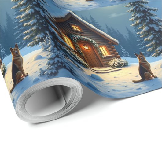 German Shepherd Snowy Forest Cabin Christmas Paint Geschenkpapier (Rolleneckpunkt)