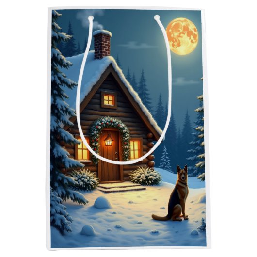 German Shepherd Snowy Forest Cabin Christmas Paint Mittlere Geschenktüte (Vorderseite)