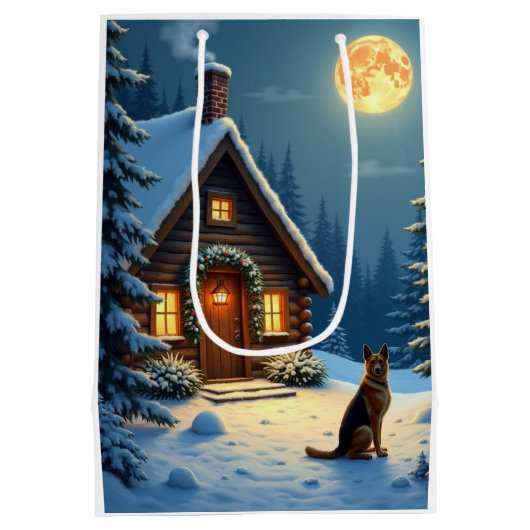 German Shepherd Snowy Forest Cabin Christmas Paint Mittlere Geschenktüte (Rückseite)