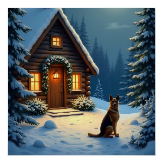 German Shepherd Snowy Forest Cabin Christmas Paint Poster (Vorderseite)