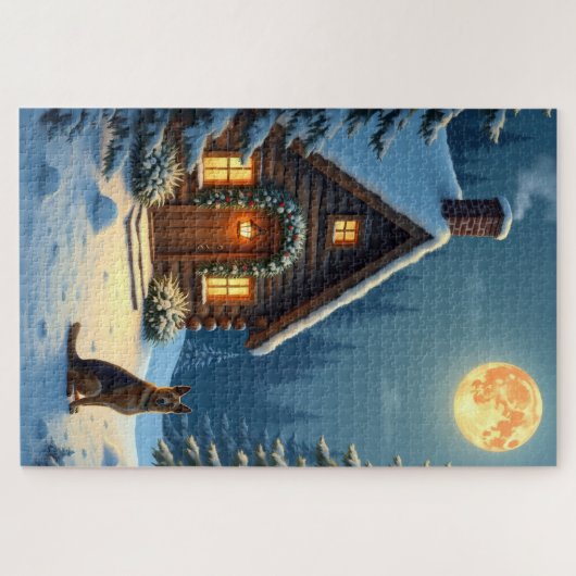 German Shepherd Snowy Forest Cabin Christmas Paint Puzzle (Horizontal)
