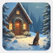 German Shepherd Snowy Forest Cabin Christmas Paint Quadratischer Aufkleber (Vorderseite)