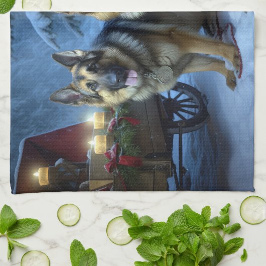 German Shepherd Snowy Sleigh Weihnachtsdekor Geschirrtuch (Gefaltet)