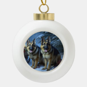 German Shepherd Snowy Sleigh Weihnachtsdekor Keramik Kugel-Ornament
