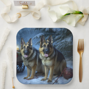 German Shepherd Snowy Sleigh Weihnachtsdekor Pappteller