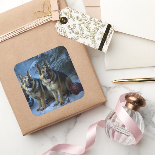 German Shepherd Snowy Sleigh Weihnachtsdekor Quadratischer Aufkleber (Schenken)