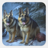 German Shepherd Snowy Sleigh Weihnachtsdekor Quadratischer Aufkleber (Vorderseite)