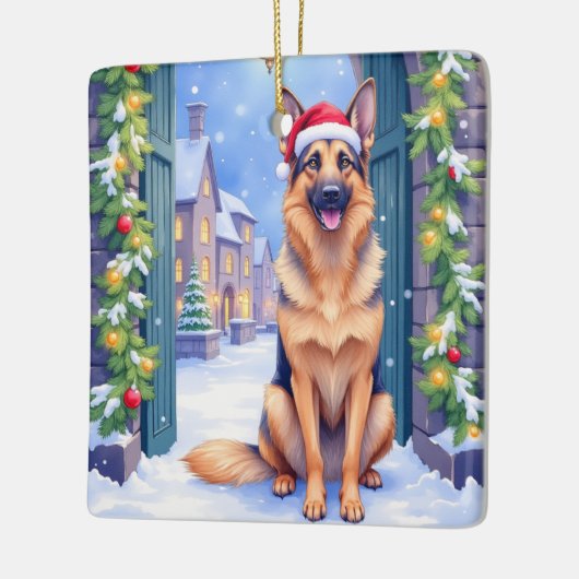 German Shepherd Snowy Town Gate Santa Christmas Keramikornament (Links)