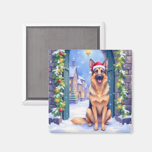 German Shepherd Snowy Town Gate Santa Christmas Magnet (Vorderseite/Rückseite)