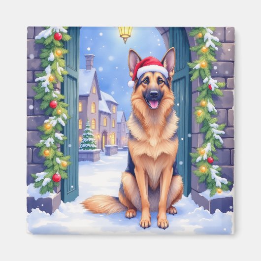 German Shepherd Snowy Town Gate Santa Christmas Magnet (Vorne)