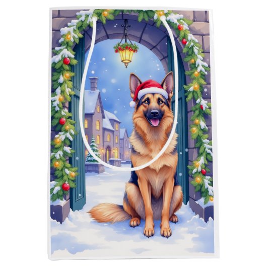 German Shepherd Snowy Town Gate Santa Christmas Mittlere Geschenktüte (Vorderseite)