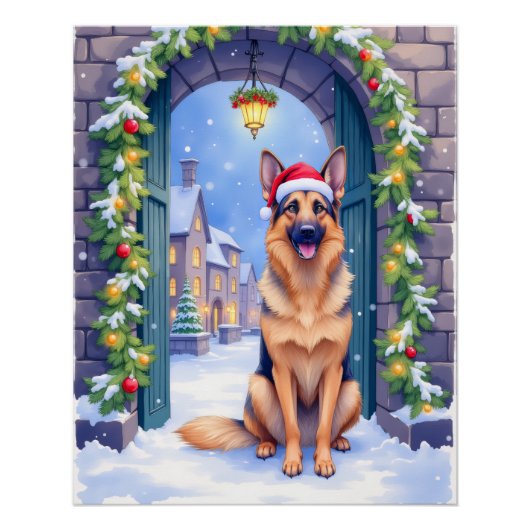 German Shepherd Snowy Town Gate Santa Christmas Poster (Vorderseite)