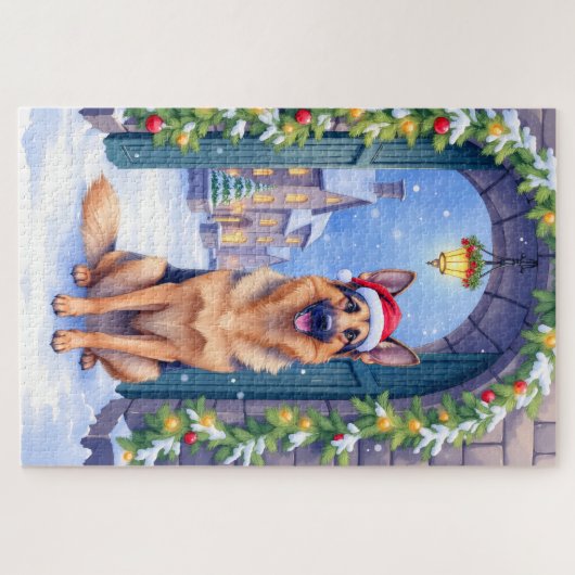 German Shepherd Snowy Town Gate Santa Christmas Puzzle (Horizontal)