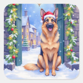 German Shepherd Snowy Town Gate Santa Christmas Quadratischer Aufkleber (Vorderseite)