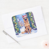 German Shepherd Snowy Town Gate Santa Christmas Quadratischer Aufkleber (Umschlag)