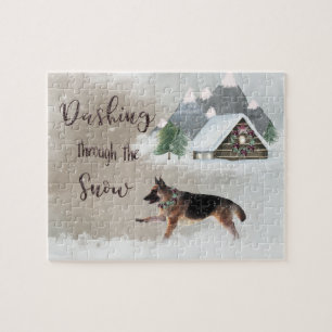 German Shepherd Watercolor Happy Holiday Scene Puzzle