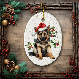 German Shepherd Welppy Christmas Holly Keramik Ornament