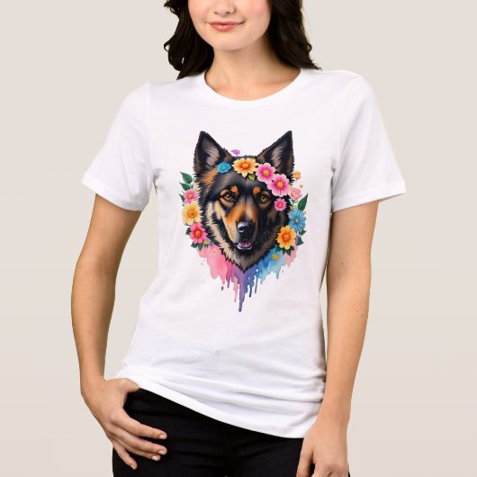 German Shepherd Wildflower Crown Floral Dog Tri-Blend Shirt (Vorderseite)