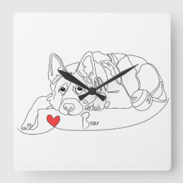 German Shepherd with Ball Line Art with Name Quadratische Wanduhr