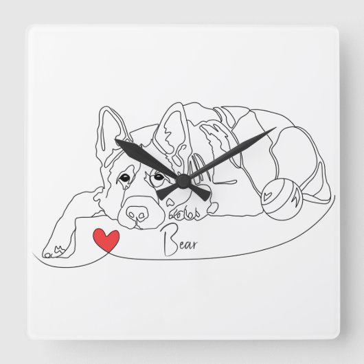 German Shepherd with Ball Line Art with Name Quadratische Wanduhr (Vorderseite)