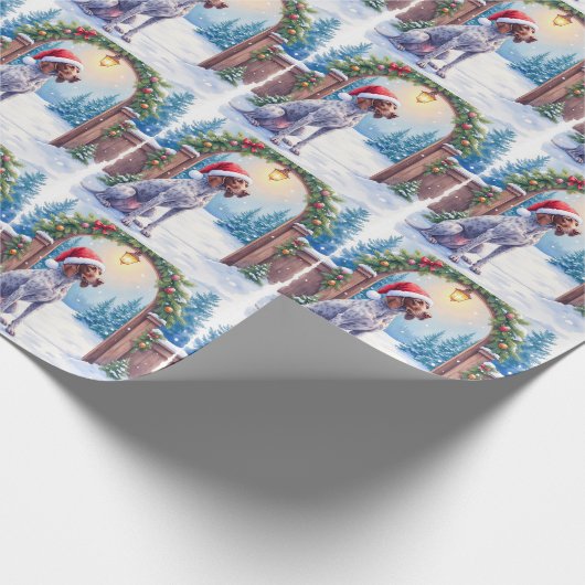 German Shorthaired Pointer Snowy Gate Santa Hat Geschenkpapier (Ecke)